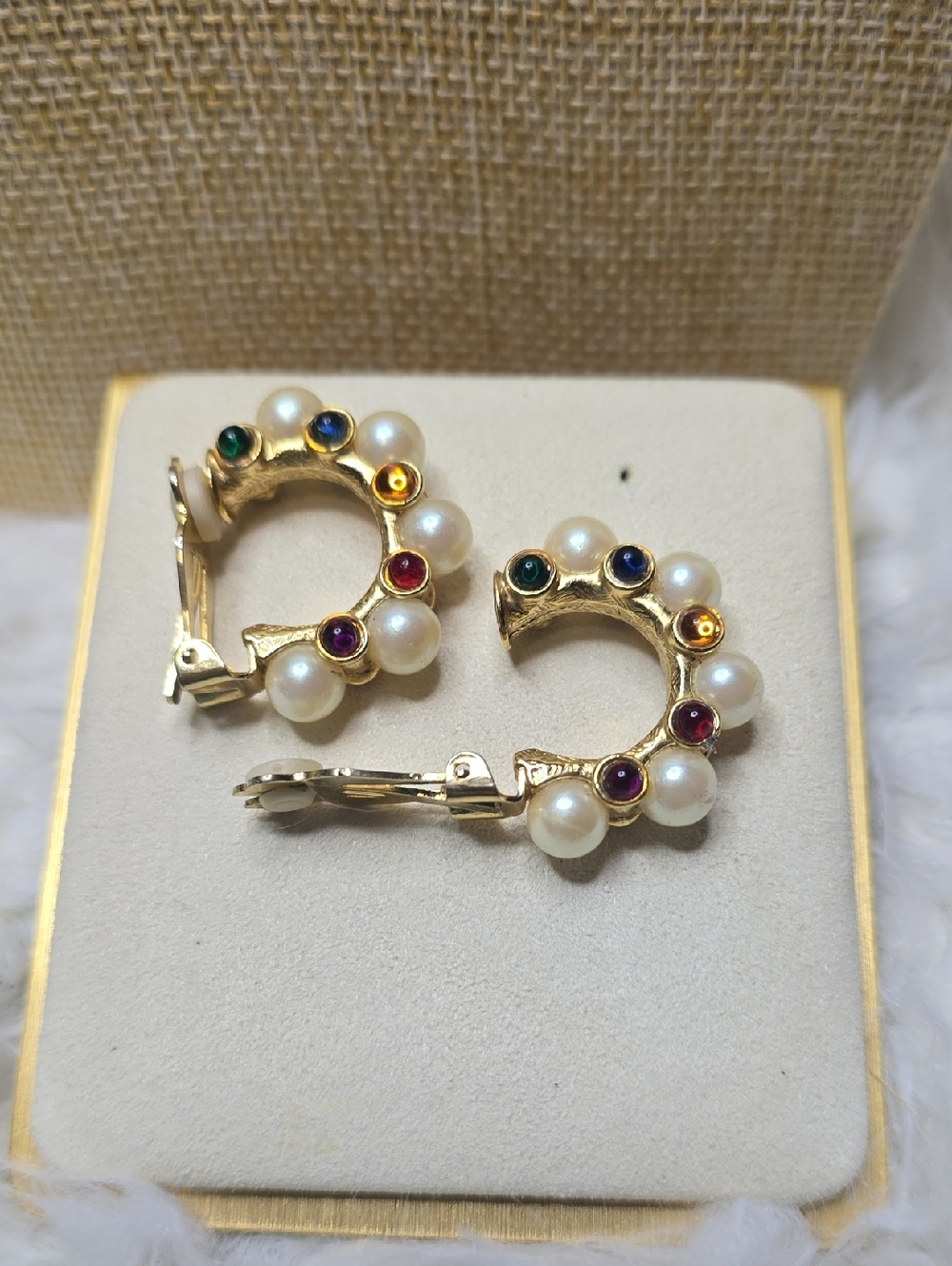 Gold Tone Faux Pearl Hoop Clip Earrings with Multicolor Accents